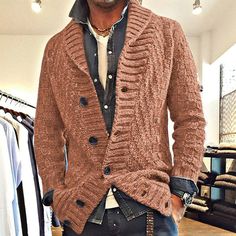 New Men's Cardigan Sweater Autumn/Winter Casual Long Sleeve Coarse Needle Sweater Knitted Sweater Mens Cardigan Sweater, Cable Knit Sweater Cardigan, Men's Cardigan, Long Sleeve Knitted Cardigan, Cropped Pullover, Sweater Crop, Mens Cardigan, Brown Sweater, Cardigan Coat