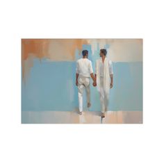 two men in white walking down a blue and beige wall with one holding the other's hand