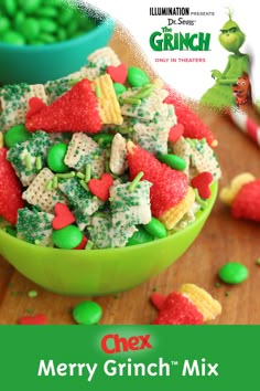 a green bowl filled with chex christmas mix