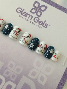 READY TO SHIP SHAPE: Short Square Custom made-to-order press on nails. Message me on Instagram @glamgelsofficial for more details.  All sets include an application kit with instructions, nail buffer, glue and cuticle stick. READY TO SHIP Snoopy Winter Nails, Christmas Nails Snoopy, Peanuts Christmas Nails, Snoopy Nails Design, Christmas Snoopy Nails, Snoopy Nails Christmas, Charlie Brown Christmas Nails, Snoopy Christmas Nails, Mickey Christmas Nails