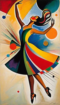 a painting of a woman dancing with an umbrella in her hand and colorful circles around her