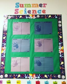 a bulletin board with handprints on it and the words summer science written below