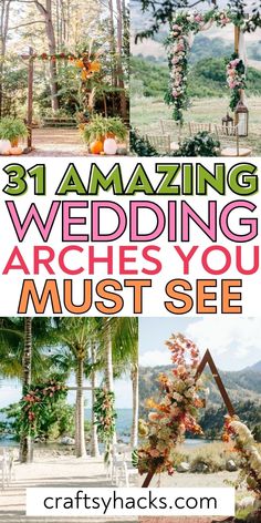 an outdoor wedding arch with flowers and greenery in the middle, surrounded by palm trees