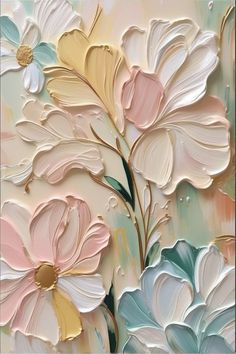 an abstract painting with flowers and leaves on it's side, painted in pastel colors