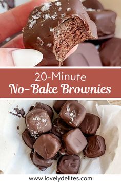 chocolate covered brownies are being held up in front of the camera with text overlay that reads 20 - minute no - bake brownies