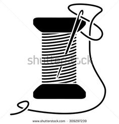 a black and white drawing of a spool of thread with a needle in it