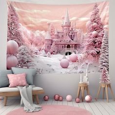 a pink wall hanging in a room with snow covered trees and a castle on it