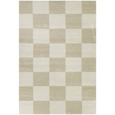 an area rug with checkered design in beige and white