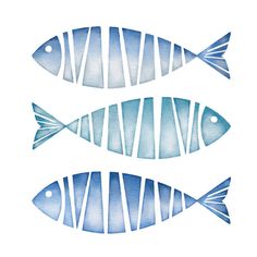 three blue fish are shown in watercolor on white paper, each with different stripes