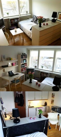 three different shots of a bedroom and living room in one photo, the other is an office