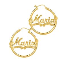 These 14K Gold over Sterling Silver nameplate earrings are designed with diamond cut etching, which gives them shimmering, unique detail. This sparkly attribute adds attention and flare to the name, which you have up to 12 characters to personalize. The diamond cut etching continues along the underlined portion of the earrings, which flows underneath the design and connects the nameplate to the edges of the rounded hoop. This diamond etched, nameplate earrings are the perfect feature piece to ad Engraved Hoop Earrings As Gift, Engraved Yellow Gold Hoop Earrings For Anniversary, Engraved Hoop Earrings For Anniversary, Gold Name Earrings For Anniversary, Custom Name Round Earrings For Anniversary, Gold Earrings With Name For Anniversary, Round Name Earrings For Anniversary, Personalized Round Hoop Earrings For Anniversary, Engraved Round Earrings For Anniversary