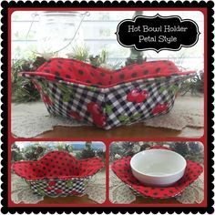 red and black polka dot fabric bowl holder with matching plate cover, ready to be made into a basket