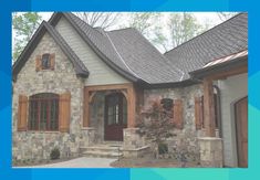 a stone house with wooden shutters and brown wood trim on the front door is shown