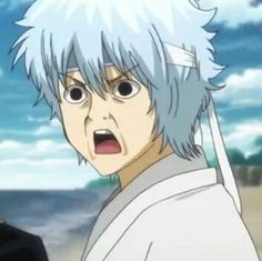 an anime character with white hair and blue eyes is looking at the camera while another person looks on