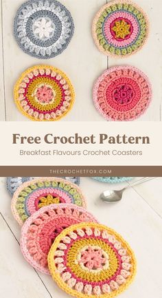 four crochet coasters with the text free crochet pattern