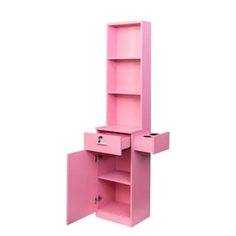 a pink dresser with drawers and shelves on it's sides, in front of a white background