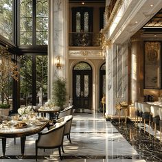 an elegant dining room with marble floors and walls