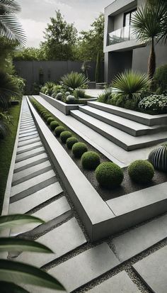 an outdoor garden with concrete steps and plants