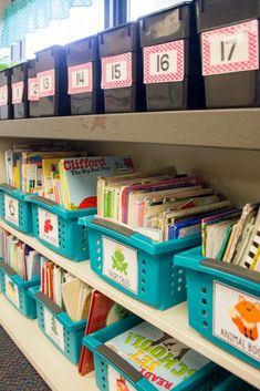 the shelves are filled with books for children to read and play in their classroom library