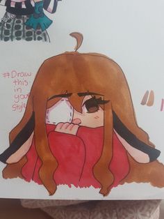 a drawing of a girl with long brown hair holding a red object in her hand