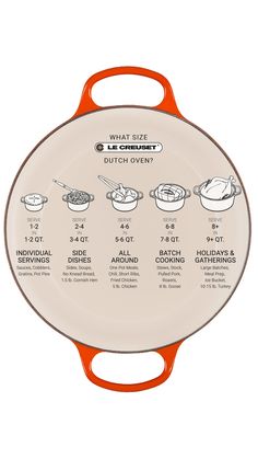 an orange and white skillet with instructions on how to use it in the kitchen