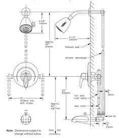 the diagram shows how to use a shower head and hand held showerhead, as well as measurements