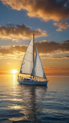 a sailboat in the middle of the ocean at sunset with clouds and sun behind it