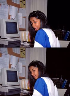 two pictures of a woman in front of a computer