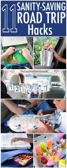 the back seat of a car with text overlay that reads 11 santa - saving road trip hacks