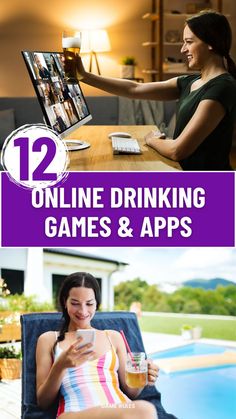 two women sitting at a table with drinks and playing games on their phones, one is holding