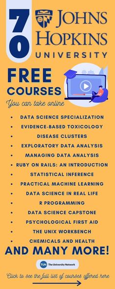 the poster for john johns university's free courses is shown in blue and yellow