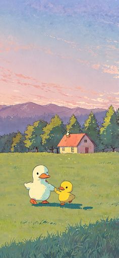 a painting of two ducks in a field with a house and mountains in the background