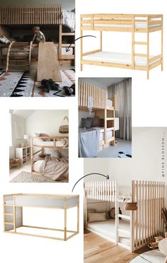 bunk beds with ladders and mattresses are shown in four different photos, including the bottom one is made out of wood