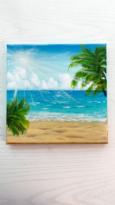 a painting of palm trees and the ocean on a white wooden background with text overlay