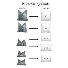 the pillow size guide for pillows is shown in three different sizes and colors, including one with