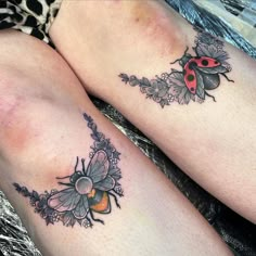 two ladybug tattoo designs on both legs