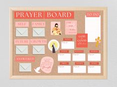 a cork board with paper and magnets on it that says, prayer board to do