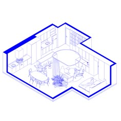 an aerial view of a living room and dining area with blue lines on the walls