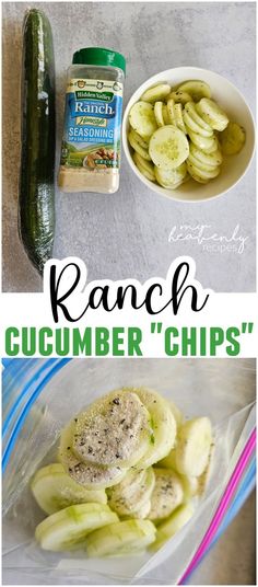 the ingredients to make ranch cucumber chips are in plastic bags and placed on top of each other