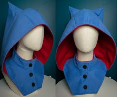 Warm Petersham coat like fabric handmade hood with neck cover, baby blue  with red color inside and pointy ears.  This is an original pattern and style by us.  Great to wear for colder weather or to give as a gift for friends or family.  FABRIC DESCRIPTION:  Petersham is the name of a thick fabric made of carded yarn. The name comes directly from the German language -  which in free translation simply mean a strand. Petersham fabric, despite its thickness, has a fairly good air circulation, whic Winter Blue Outerwear For Cosplay, Hood Pattern, Hooded Cowl, Hood Hat, Pointy Ears, Neck Cover, Crazy Outfits, Future Outfit, Winter Outerwear