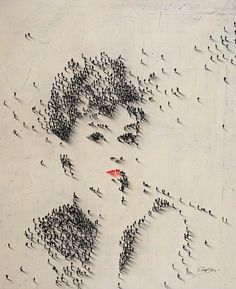 a woman's face is surrounded by many small black and white dots in the shape of people