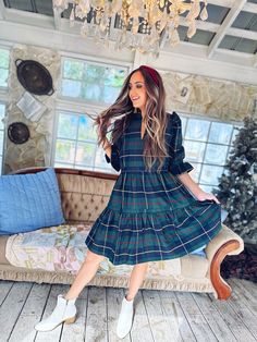 Full body view of the Gretchen Scott Teardrop Dress Plaidly Cooper Green Plaid Baby Doll Dress, Gathered Skirt, Green Plaid, Comfort Style, Plaid Dress, White Collar, Babydoll Dress, Baby Doll, Doll Dress