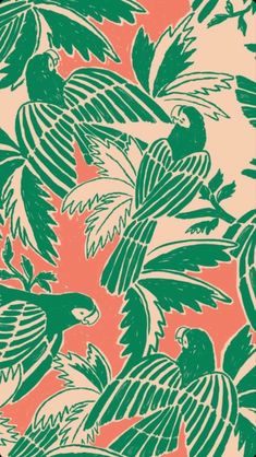 an orange and green wallpaper with birds on it