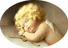 a painting of a child sleeping on a bed with a pair of scissors next to it