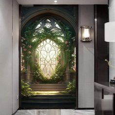 an open door leading to a beautiful green window