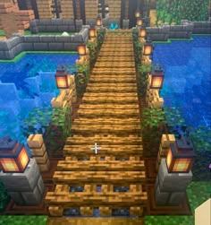 a bridge that is made out of wood and has lanterns on top of the walkway