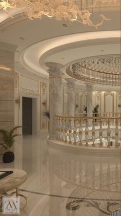 the interior of a luxurious house with chandelier and marble floors