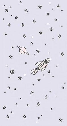 a drawing of a space shuttle flying through the sky with stars around it and planets in the background