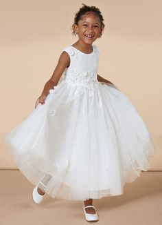 Alie is our lovely flower girl dress cut from lace and tulle. She features a scoop neckline with a 3D lace embellished bodice. The look is complete with an A line skirt. Baptism Gown, First Communion Dress, White Flower Girl Dresses, Tulle Flower Girl, First Communion Dresses, Floral Wedding Dress, Flower Girl Dresses Tulle, Ankle Length Dress, Communion Dresses