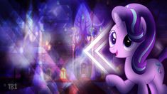 the pinkie pony is standing in front of an abstract background with lights and shapes